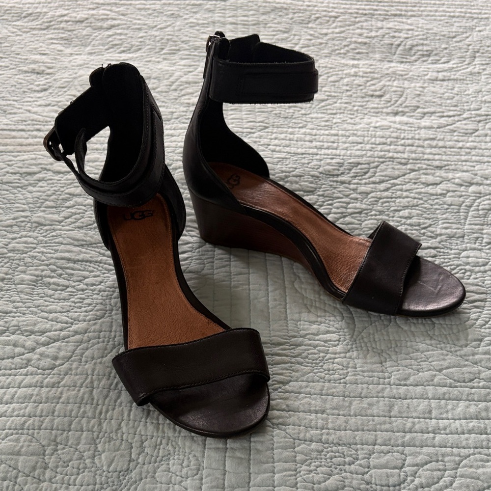 UGG Black Leather Wedge Sandals